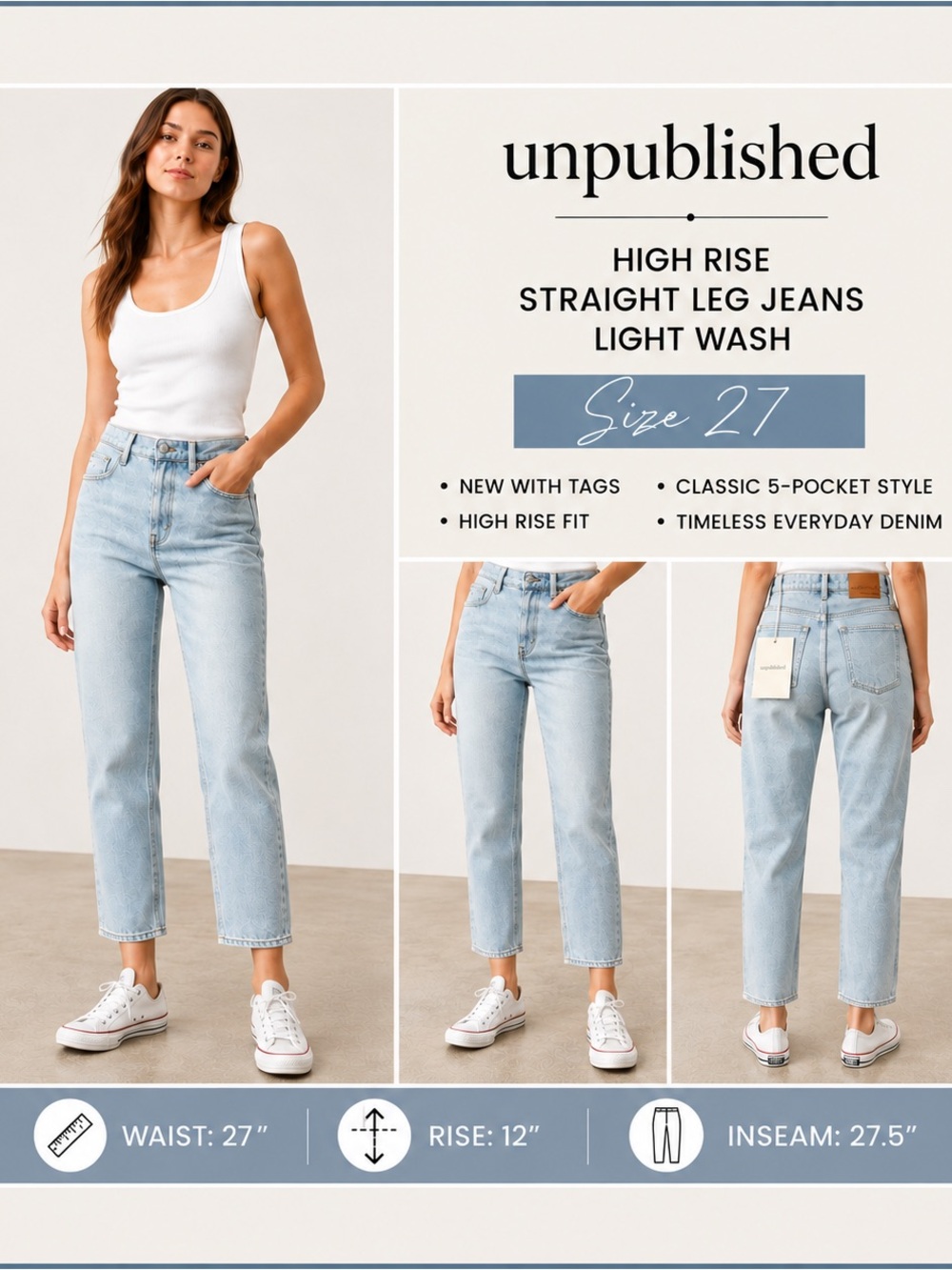 Unpublished High Rise Straight Leg Jeans Light Wash 27 NWT